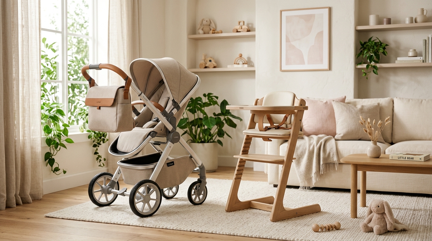 Mother and toddler with certified baby feeding chair in warm nursery
